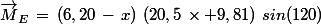 \vec{M}_E\,=\,(6,20\,-\,x)\,\,(20,5\,\times 9,81)\,\,sin(120)