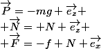 \vec{P}=-mg \vec{e_z}
 \\ \vec{N}= N \vec{e_z}
 \\ \vec{F}=-f N \vec{e_x}