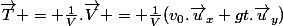 \vec{T} = \frac{1}{V}.\vec{V} = \frac{1}{V}(v_0.\vec{u}_x+gt.\vec{u}_y)