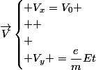 \vec{V}\begin{cases} V_{x}=V_{0}
 \\ 
 \\ \\ V_{y} =\dfrac{e}{m}Et\end{cases}