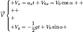 \vec{V}\begin{cases} V_{x}=a_{x}t+V_{0x}=V_{0}\cos\alpha 
 \\ 
 \\ \\ V_{y}=-\dfrac{1}{2}gt+V_{0}\sin\alpha \end{cases}