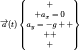 \vec{a}(t)\begin{Bmatrix}
 \\ a_{x}=0\\a_{y}=-g 
 \\ 
 \\ \end{Bmatrix}