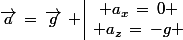 \vec{a}\,=\,\vec{g}\, \begin{array}{|c} a_x\,=\,0 \\ a_z\,=\,-g \end{array}