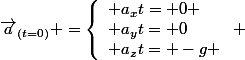 \vec{a}_{(t=0)} =\left\lbrace\begin{array}l a_xt= 0 \\ a_yt= 0\\ a_zt= -g \end{array}\right. 
