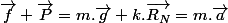 \vec{f}+\vec{P}=m.\vec{g}+k.\vec{R_N}=m.\vec{a}