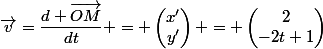 \vec{v}=\dfrac{d \vec{OM}}{dt} = \begin{pmatrix}x'\\y'\end{pmatrix} = \begin{pmatrix}2\\-2t+1\end{pmatrix}