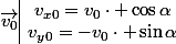 \vec{v_0}\begin{array}{|c}v_{x0}=v_0\cdot \cos\alpha\\v_{y0}=-v_0\cdot \sin\alpha\end{array}