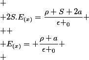 
 \\ 2S.E_{(x)}=\dfrac{\rho S 2a}{\epsilon _0}
 \\ 
 \\ E_{(x)}= \dfrac{\rho a}{\epsilon _0}
 \\ 