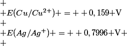 
 \\ E(Cu/Cu^{2+}) = +0,159\text{ V}\\
 \\ E(Ag/Ag^{+}) = +0,7996\text{ V}
 \\ 