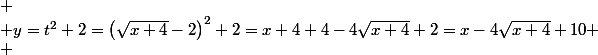 
 \\ y=t^{2}+2=\left(\sqrt{x+4}-2\right)^{2}+2=x+4+4-4\sqrt{x+4}+2=x-4\sqrt{x+4}+10
 \\ 