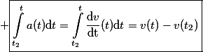  \boxed{\int_{t_2}^ta(t)\ \mathrm{d}t=\int_{t_2}^t\dfrac{\mathrm{d}v}{\mathrm{dt}}(t)\ \mathrm{d}t=v(t)-v(t_2)}