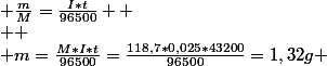  \frac{m}{M}=\frac{I*t}{96500} 
 \\ 
 \\ m=\frac{M*I*t}{96500}=\frac{118,7*0,025*43200}{96500}=1,32g 
