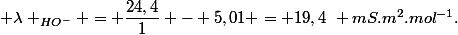  \lambda _{HO^{-}} = \dfrac{24,4}{1} - 5,01 = 19,4~ mS.m^{2}.mol^{-1}.