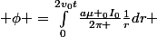  \phi =\int_{0}^{2v_{0}t}{\frac{a\mu _0I_0}{2\pi }\frac{1}{r}dr} 