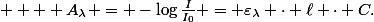     A_\lambda = -\log\frac{I}{I_0} = \varepsilon_\lambda \cdot \ell \cdot C.