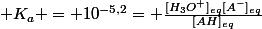  K_a = 10^{-5,2}= \frac{[H_3O^+]_{eq}[A^-]_{eq}}{[AH]_{eq}}