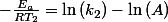 -\frac{E_{a}}{RT_{2}}=\ln\left(k_{2}\right)-\ln\left(A\right)