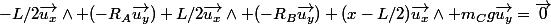 -L/2\vec{u_x}\wedge (-R_A\vec{u_y})+L/2\vec{u_x}\wedge (-R_B\vec{u_y})+(x-L/2)\vec{u_x}\wedge m_Cg\vec{u_y}=\vec{0}