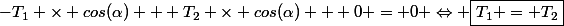 -T_1 \times cos(\alpha) + T_2 \times cos(\alpha) + 0 = 0 \Leftrightarrow \boxed{T_1 = T_2}
