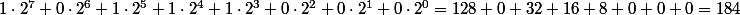 1\cdot2^7+0\cdot2^6+1\cdot2^5+1\cdot2^4+1\cdot2^3+0\cdot2^2+0\cdot2^1+0\cdot2^0=128+0+32+16+8+0+0+0=184