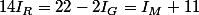 14I_{R}=22-2I_{G}=I_{M}+11