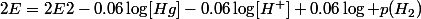 2E=2E2-0.06\log[Hg]-0.06\log[H^{+}]+0.06\log p(H_{2})