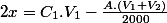 2x=C_1.V_1-\frac{A.(V_1+V_2)}{2000}