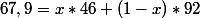 67,9=x*46+\left(1-x\right)*92