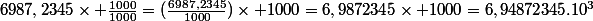 6987,2345\times \frac{1000}{1000}=(\frac{6987,2345}{1000})\times 1000}=6,9872345\times 1000=6,94872345.10^3