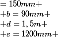 =150mm ; b=90mm ; d=1,5m ; e=1200mm ; 