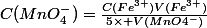 C(MnO_4^-)=\frac{C(Fe^{3+})V(Fe^{3+})}{5\times V(MnO4^-)}