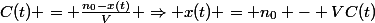 C(t) = \frac{n_0-x(t)}{V} \Rightarrow x(t) = n_0 - VC(t)