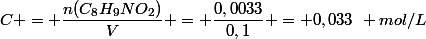 C = \dfrac{n(C_8H_9NO_2)}{V} = \dfrac{0,0033}{0,1} = 0,033~ mol/L