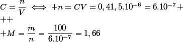 C=\dfrac{n}{V}\iff n=CV=0,41,5.10^{-6}=6.10^{-7}
 \\ 
 \\ M=\dfrac{m}{n}=\dfrac{100}{6.10^{-7}}=1,66