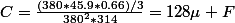 C=\frac{(380*45.9*0.66)/3}{380^{2}*314}=128\mu F