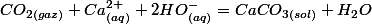CO_{2(gaz)}+Ca_{(aq)}^{2+}+2HO_{(aq)}^{-}=CaCO_{3(sol)}+H_{2}O\;\;K^{,}\gg1