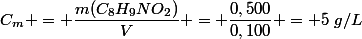 C_m = \dfrac{m(C_8H_9NO_2)}{V} = \dfrac{0,500}{0,100} = 5~g/L