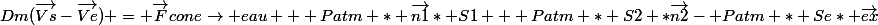 Dm(\vec{Vs}-\vec{Ve}) = \vec{F}cone\rightarrow eau + Patm * \vec{n1}* S1 + Patm * S2 *\vec{n2}- Patm * Se* \vec{ex}