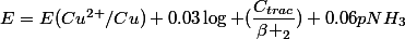 E=E^{}(Cu^{2+}/Cu)+0.03\log (\dfrac{C_{trac}}{\beta _2})+0.06pNH_3