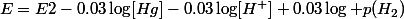E=E2-0.03\log[Hg]-0.03\log[H^{+}]+0.03\log p(H_{2})