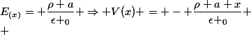 E_{(x)}= \dfrac{\rho a}{\epsilon _0} \Rightarrow V(x) = - \dfrac{\rho a x}{\epsilon _0}
 \\ 