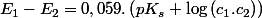 E_{1}-E_{2}=0,059.\left(pK_{s}+\log\left(c_{1}.c_{2}\right)\right)