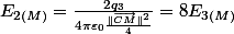 E_{2(M)}=\frac{2q_{3}}{4\pi\varepsilon_{0}\frac{\Vert\overrightarrow{CM}\Vert^{2}}{4}}=8E_{3(M)}