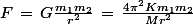 F\,=\,G\frac{m_1m_2}{r^2}\,=\,\frac{4\pi^2Km_1m_2}{Mr^2}