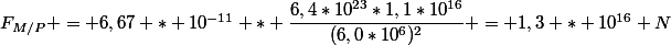 F_{M/P} = 6,67 * 10^{-11} * \dfrac{6,4*10^{23}*1,1*10^{16}}{(6,0*10^6)^2} = 1,3 * 10^{16} N