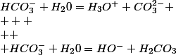 HCO_{3}^{-}+H_{2}0=H_{3}O^{+}+CO_{3}^{2-}
 \\  
 \\ 
 \\ HCO_{3}^{-}+H_{2}0=HO^{-}+H_{2}CO_{3}