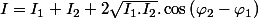I=I_{1}+I_{2}+2\sqrt{I_{1}.I_{2}}.\cos\left(\varphi_{2}-\varphi_{1}\right)