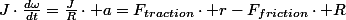 J\cdot\frac{d\omega}{dt}=\frac{J}{R}\cdot a=F_{traction}\cdot r-F_{friction}\cdot R