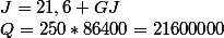 Q=250*86400=21600000&nbsp;&nbsp;J=21,6 GJ