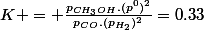 K = \frac{p_{CH_{3}OH}.(p^0)^2}{p_{CO}.(p_{H_{2}})^2}=0.33